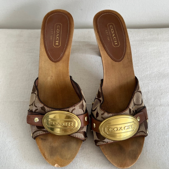 Coach heeled wooden clogs Sandals Size 8.5 Brown Beige - Picture 1 of 7